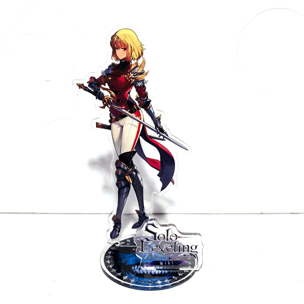 A high-definition 15cm Solo Leveling Acrylic Stand featuring Sung Jinwoo, Sung Jin Ah, and Yoo Jin Ho anime action figures for desk decoration.