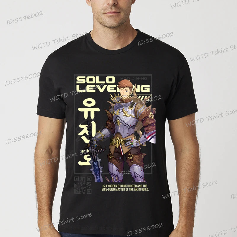 A vintage black Solo Leveling Anime T-Shirt featuring a funny Sung Jinwoo graphic print, available in sizes S to 4XL for men and women.