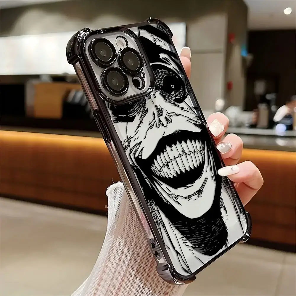 A luxury Solo Leveling Plating Case featuring Sung Jinwoo art with electroplated edges and anti-fall airbag corners for Apple iPhone 16 and 15.