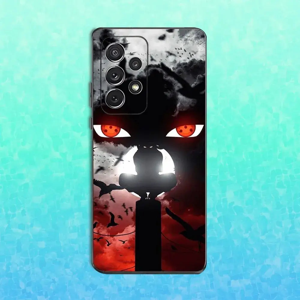 A black soft silicone Itachi Phone Case featuring Uchiha anime art, compatible with Samsung Galaxy S25, S24, S23, S22 Ultra and Plus models.