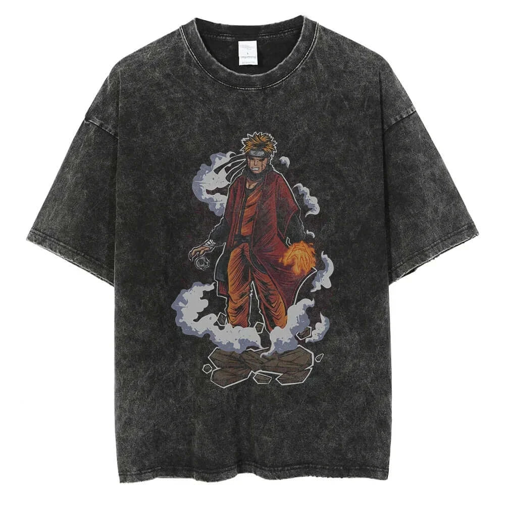 A man wearing the vintage black Japanese Anime Naruto Print T Shirt in a Harajuku hip hop streetwear style.