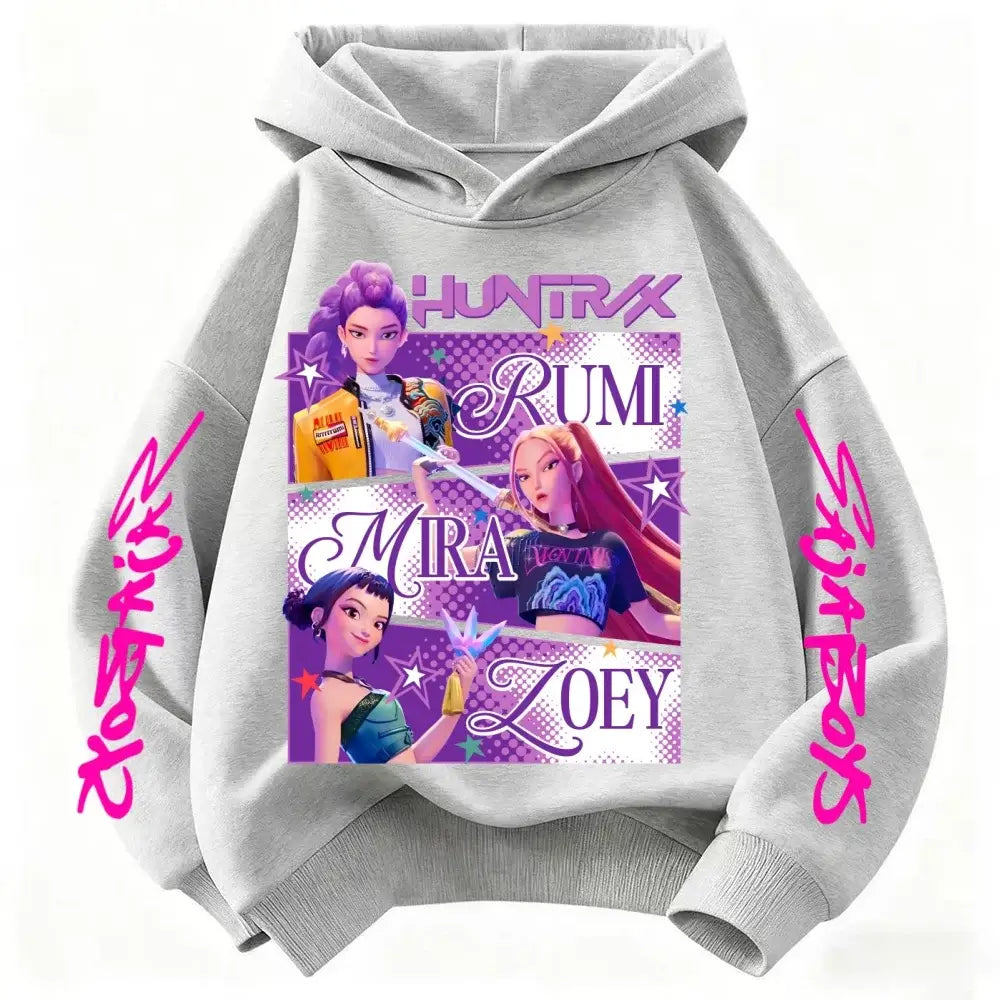 A fashionable KPop Demon Hunters Hoodie featuring the Huntrix design, a spring and autumn sweatshirt for boys and girls.