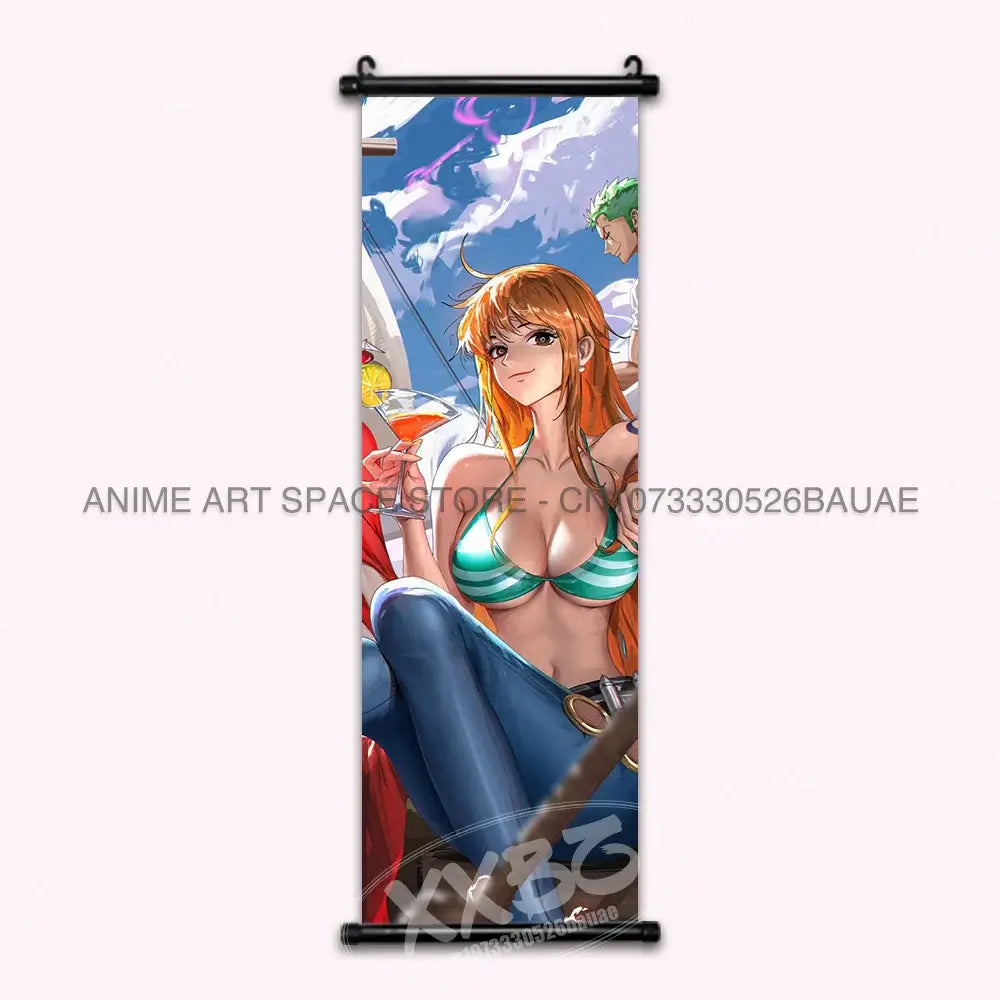A vibrant One Piece Hanging Painting featuring anime characters Monkey D. Luffy, Portgas D. Ace, Sabo, and Shanks on a canvas scroll for home decor.
