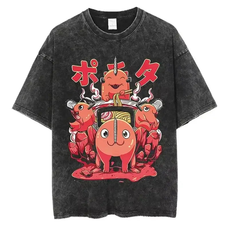 A unisex Chainsaw Man Vintage T-shirt in washed cotton with a Harajuku oversized streetwear fit.