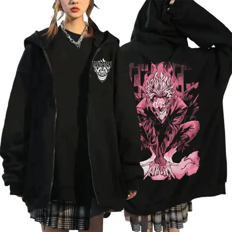 An oversized Anime Dandadan Ken Takakura Hoodie with a graphic print of Okarun, designed as a Harajuku male zipper jacket for men and women.