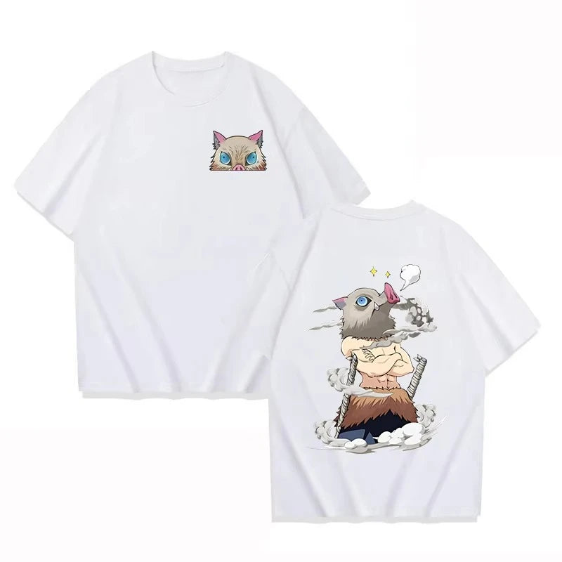 A hot anime Inosuke T-Shirt featuring a cartoon Hashibira Inosuke graphic, designed as a casual round neck top for men and women.