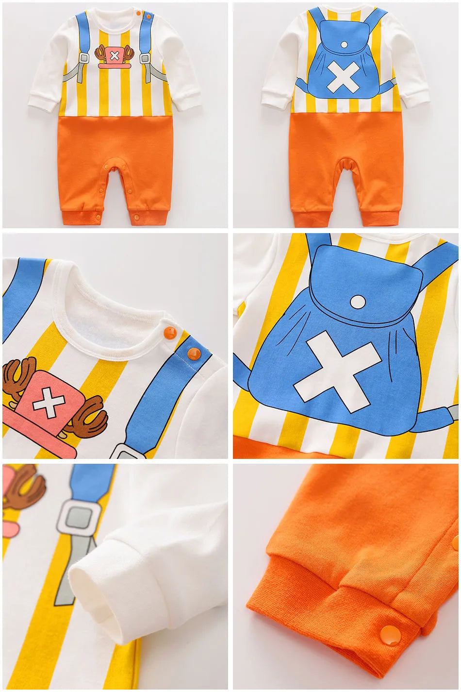 A newborn infant wearing the Baby Anime Costume, a cosplay jumpsuit available in Luffy, Akatsuki, and Vegeta styles.