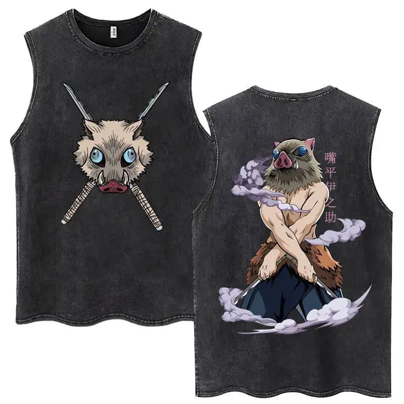 A washed retro Zenitsu Demon Slayer Tank Top featuring Agatsuma Zenitsu manga art, sleeveless cotton summer streetwear for men and women.