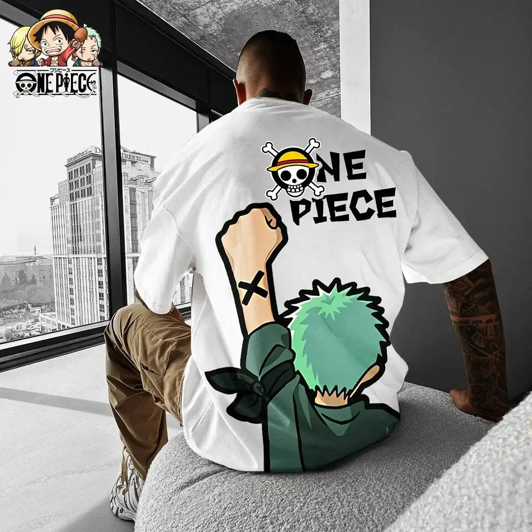A fashionable One Piece Graphic T-Shirt in an oversized streetwear fit, featuring a high-quality anime print of Monkey D. Luffy and Roronoa Zoro.
