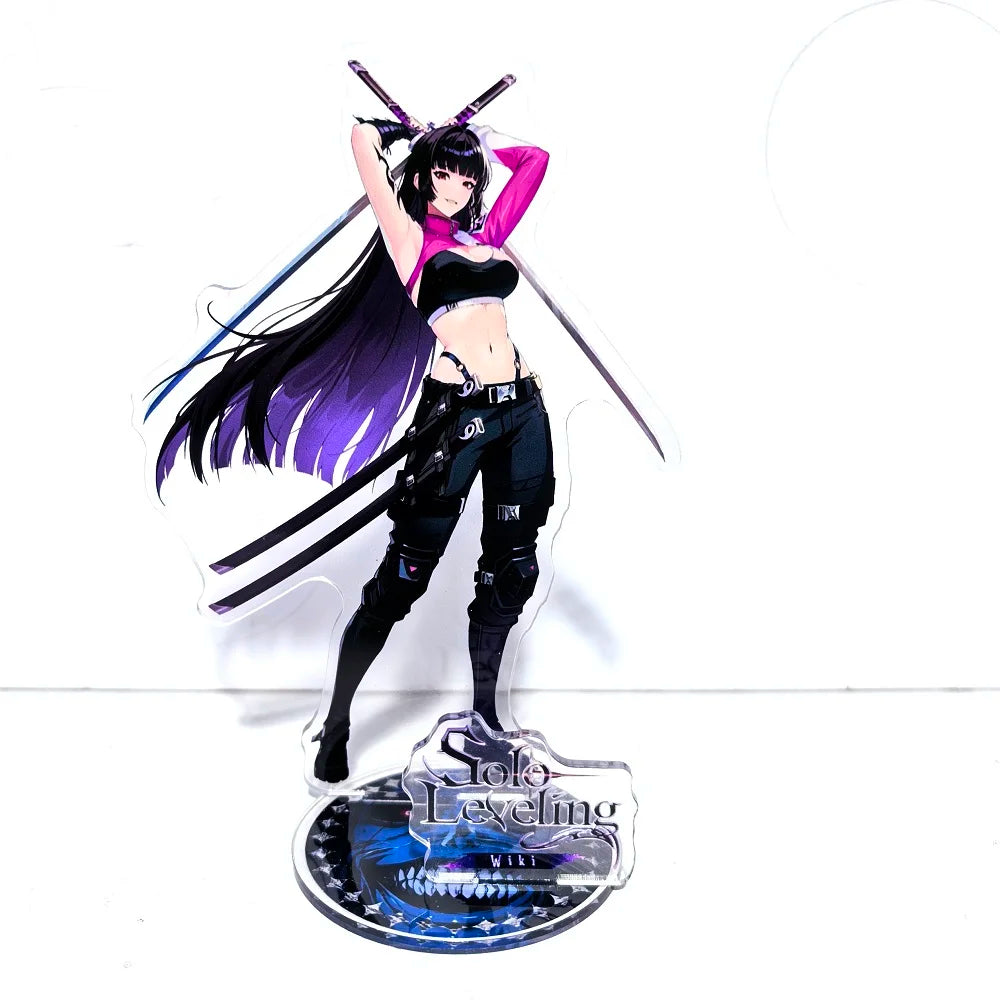 A high-definition 15cm Solo Leveling Acrylic Stand featuring Sung Jinwoo, Sung Jin Ah, and Yoo Jin Ho anime action figures for desk decoration.