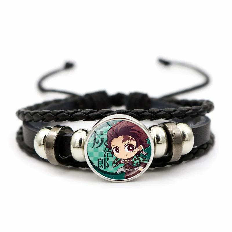 A woven leather Demon Slayer Bracelet featuring a glass art photo charm of Tanjiro Kamado and Nezuko, designed as an anime accessory for fans.