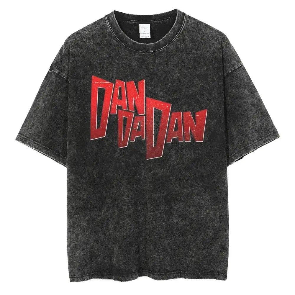 An oversized Anime Dandadan Ken Takakura T-shirt with a washed vintage print of Okarun for men.