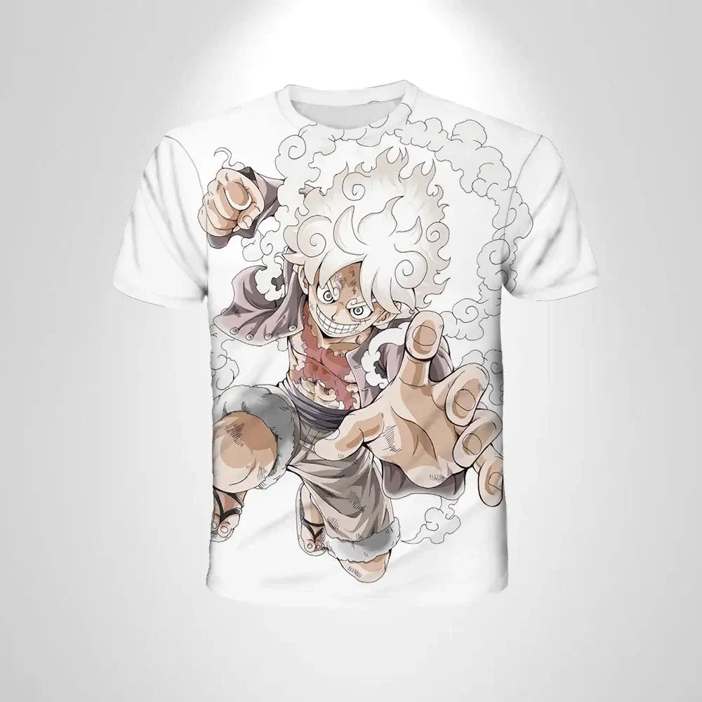 A black loose-fit One Piece Luffy T-shirt featuring a cartoon cosplay graphic of Monkey D. Luffy for men and boys.