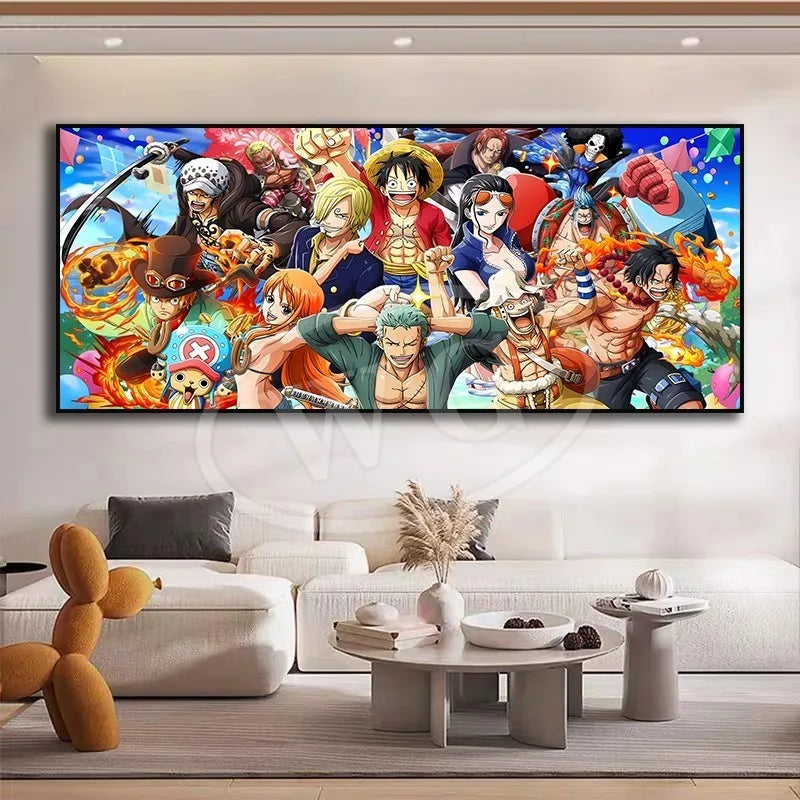 A high-quality One Piece decorative painting featuring Monkey D. Luffy, Roronoa Zoro, and Portgas D. Ace as a sofa background wall hanging.