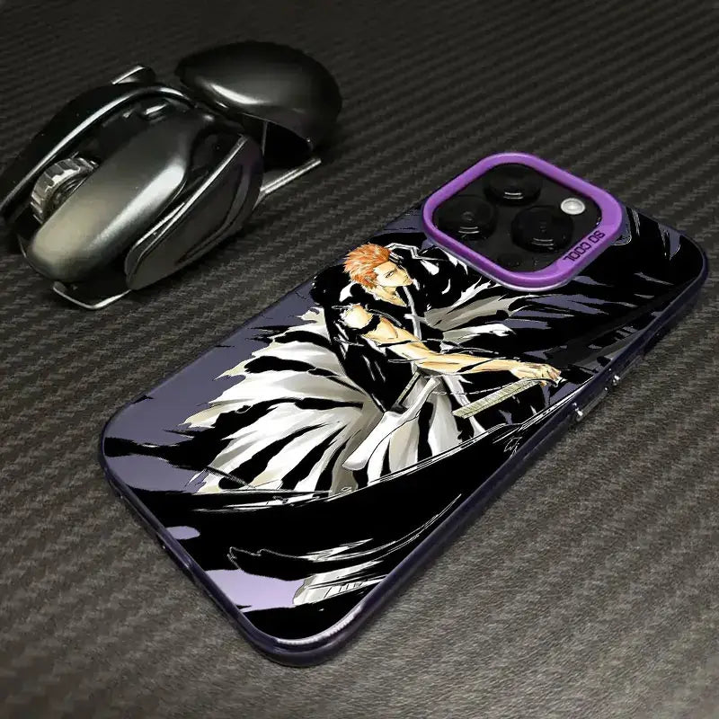 A shockproof Bleach Anime Phone Case featuring Ichigo Kurosaki and Rukia Kuchiki anime art, compatible with Apple iPhone 16e, 16, 15, and 14 Pro Max.