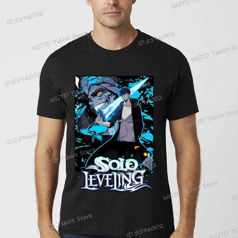 A vintage black Solo Leveling Anime T-Shirt featuring a funny Sung Jinwoo graphic print, available in sizes S to 4XL for men and women.