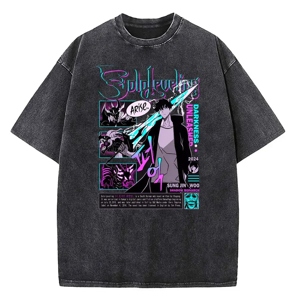 A vintage-style Solo Leveling Vintage T-shirt made of washed black cotton featuring a Sung Jinwoo graphic print, designed as Harajuku streetwear.