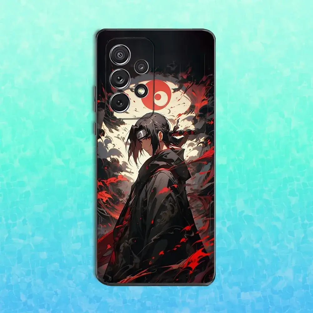 A black soft silicone Itachi Phone Case featuring Uchiha anime art, compatible with Samsung Galaxy S25, S24, S23, S22 Ultra and Plus models.