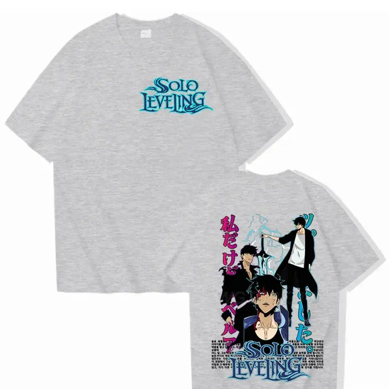 A cool black Solo Leveling T-shirt made of cotton, featuring a high-definition Sung Jinwoo anime graphic in Harajuku street style for men and women.