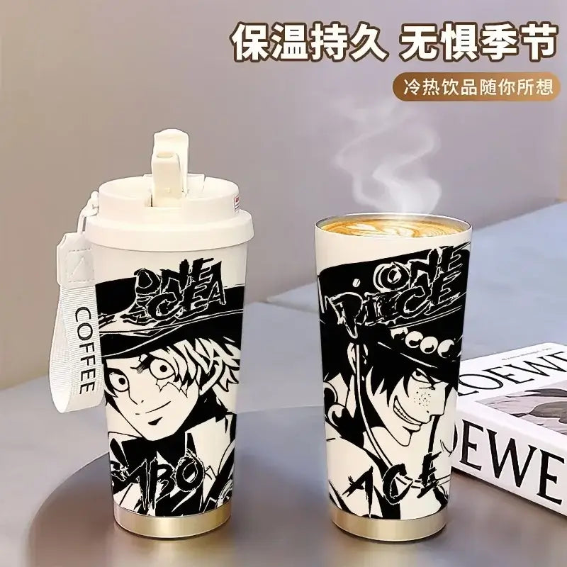 A 520ml One Piece Thermos Cup featuring anime figures Luffy and Zoro, designed as a large capacity coffee travel mug with a straw for outdoor sports.