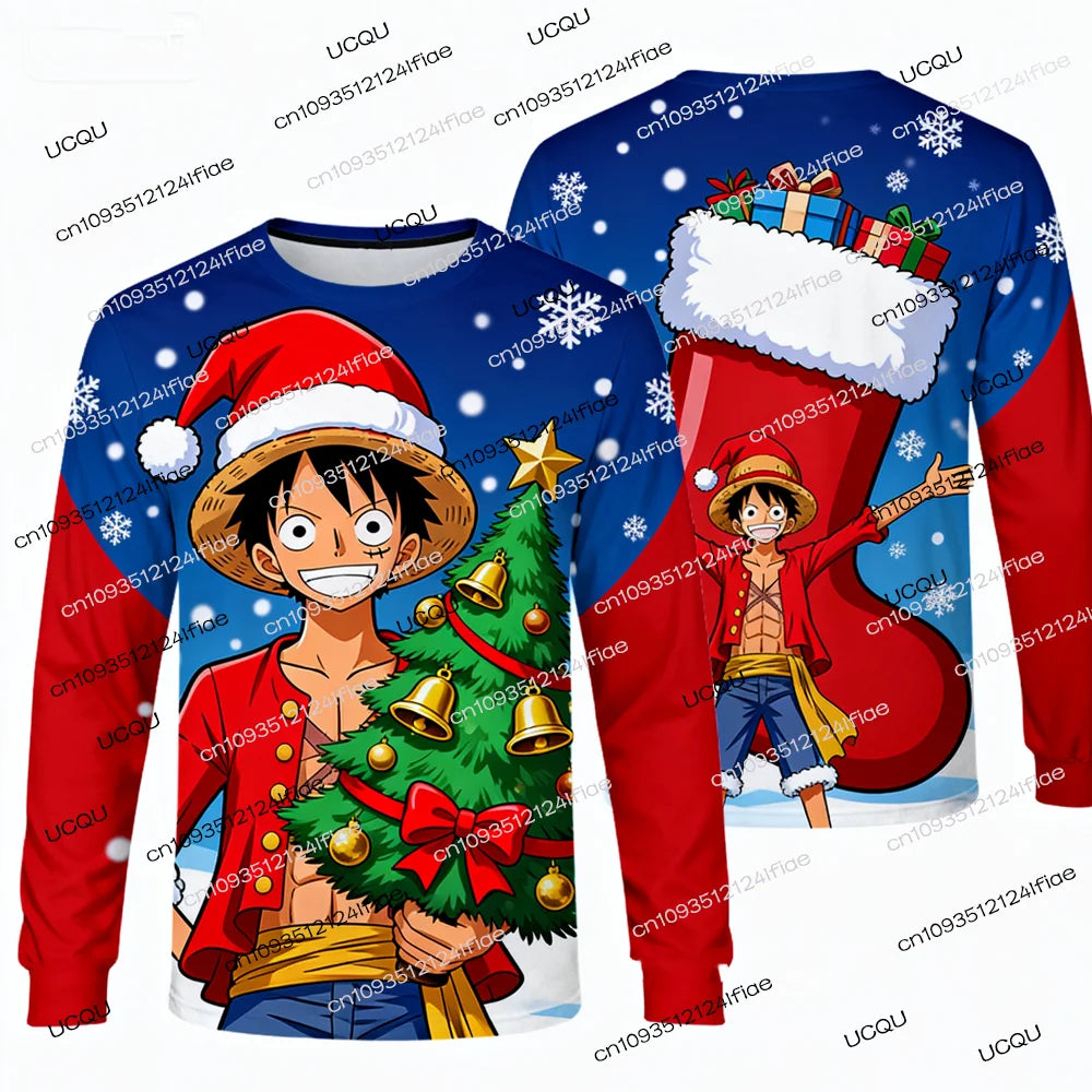 A festive Luffy Christmas Long Sleeve t-shirt featuring One Piece anime art, designed as a holiday gift for men, women, and kids.