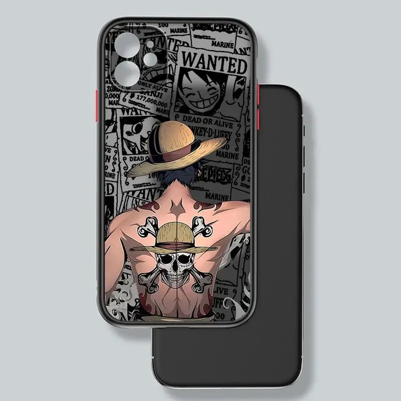 A luxury One Piece iPhone Case with frosted translucent finish and anime art, fitted for Apple iPhone 15, 14, and 13 Pro Max.