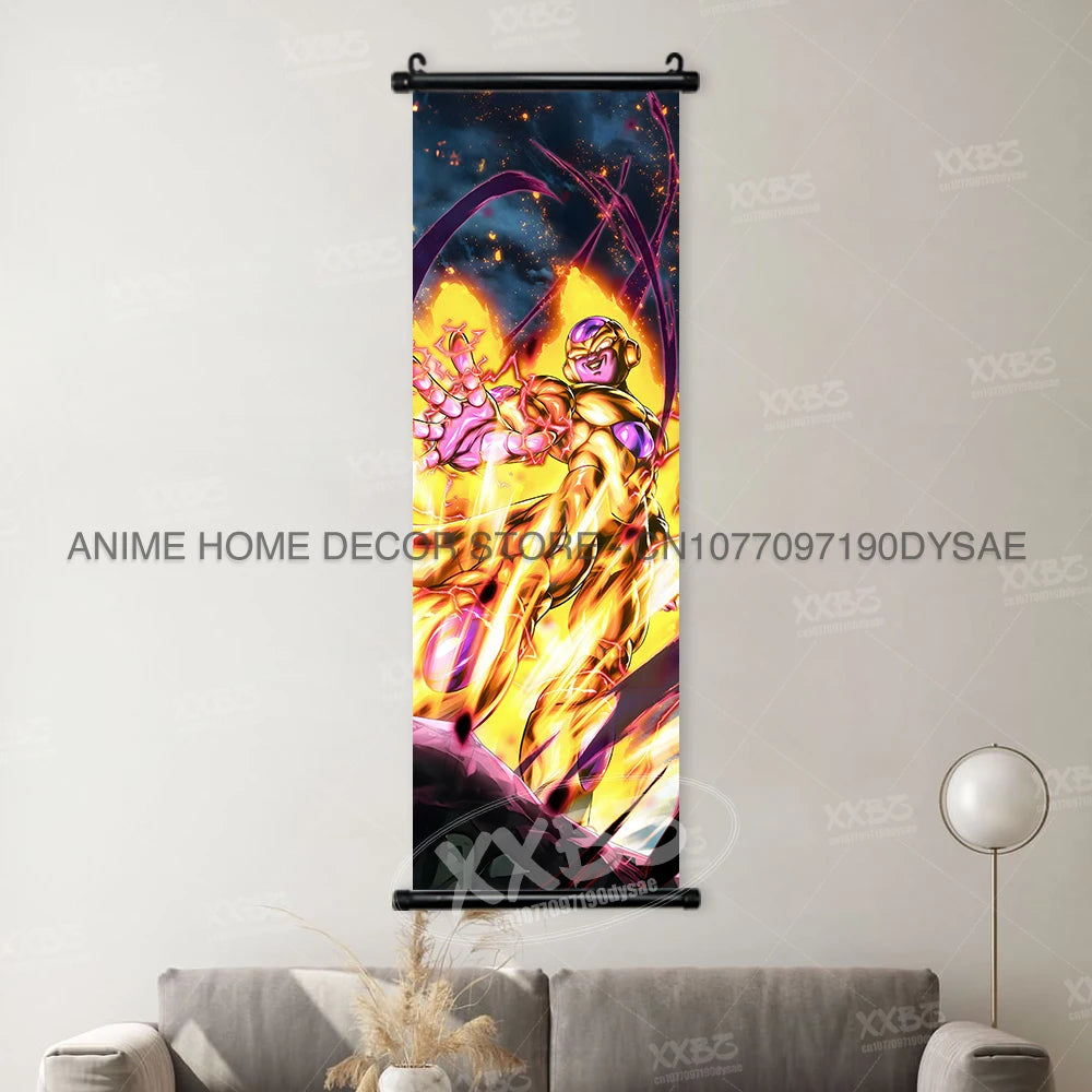 High-definition Dragon Ball Posters hanging scroll wall art featuring Son Goku, Vegeta, and Frieza printed on canvas for home decor.