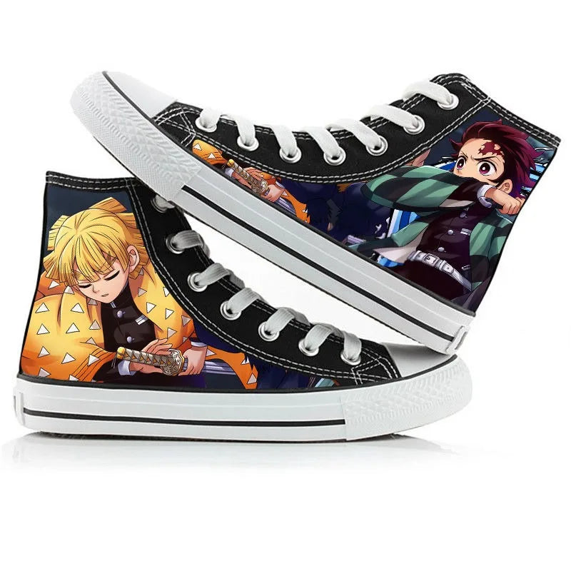 A pair of kawaii Anime Demon Slayer Canvas Shoes in a hand-painted high-top sneaker style for boys and girls.