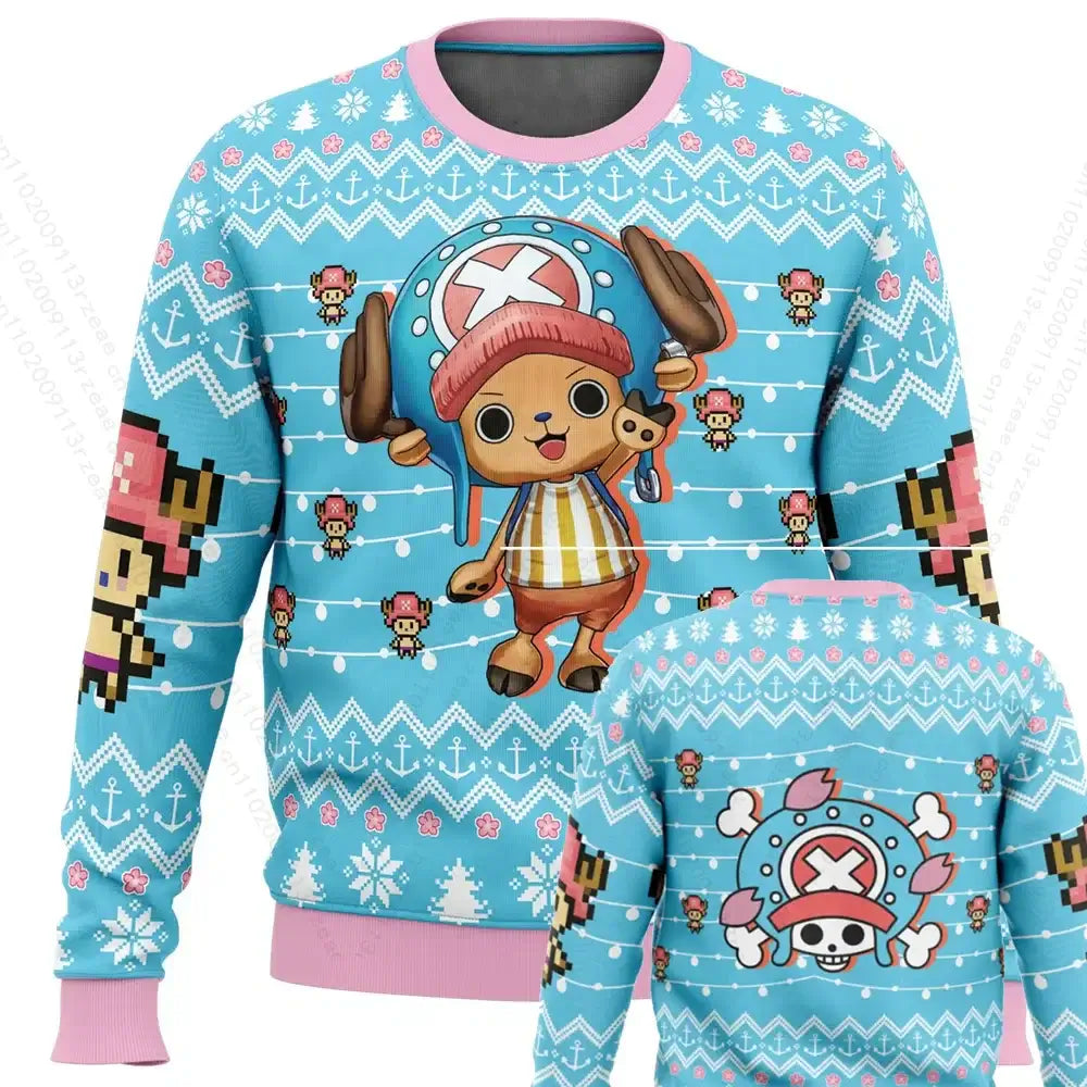 A casual cartoon Tony Tony Chopper Sweatshirt, perfect as a One Piece Christmas cosplay pullover for men and kids.