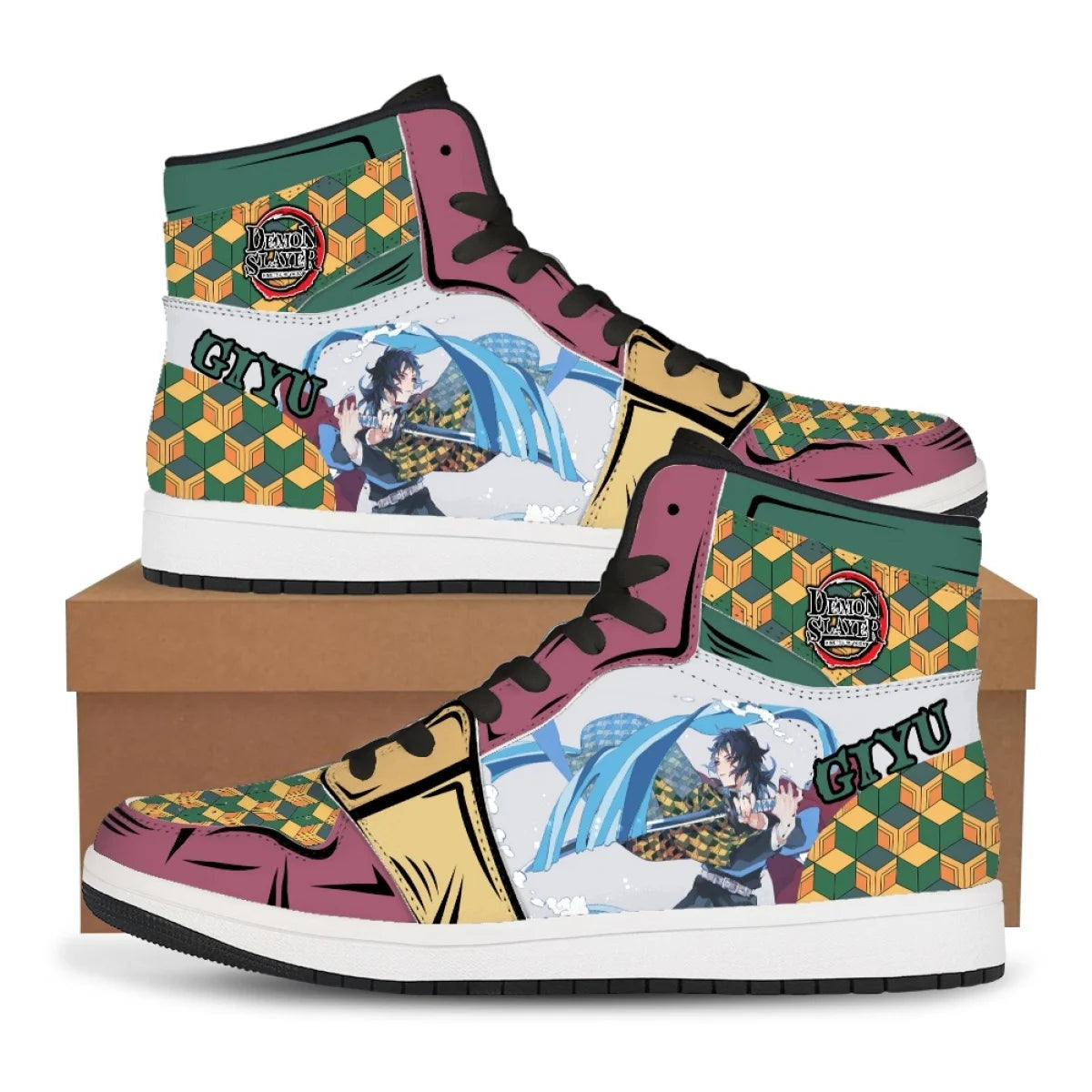 High-top Demon Slayer Sneakers featuring Tanjiro Kamado and Nezuko Kamado anime designs, styled as fashionable basketball shoes for men and women.