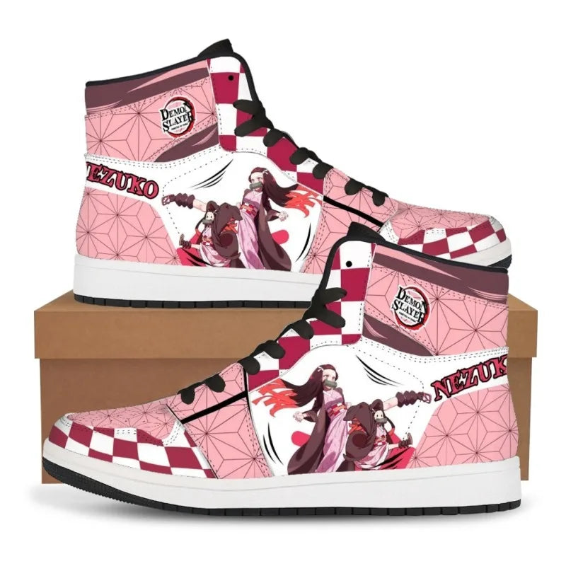 High-top Demon Slayer Sneakers featuring Tanjiro Kamado and Nezuko Kamado anime designs, styled as fashionable basketball shoes for men and women.
