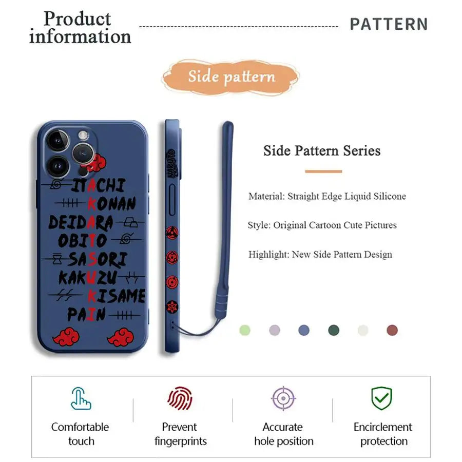 A black Akatsuki Cloud Phone Case featuring the red cloud symbol pattern, compatible with Apple iPhone 16, 15, 14 Pro Max, and 13.