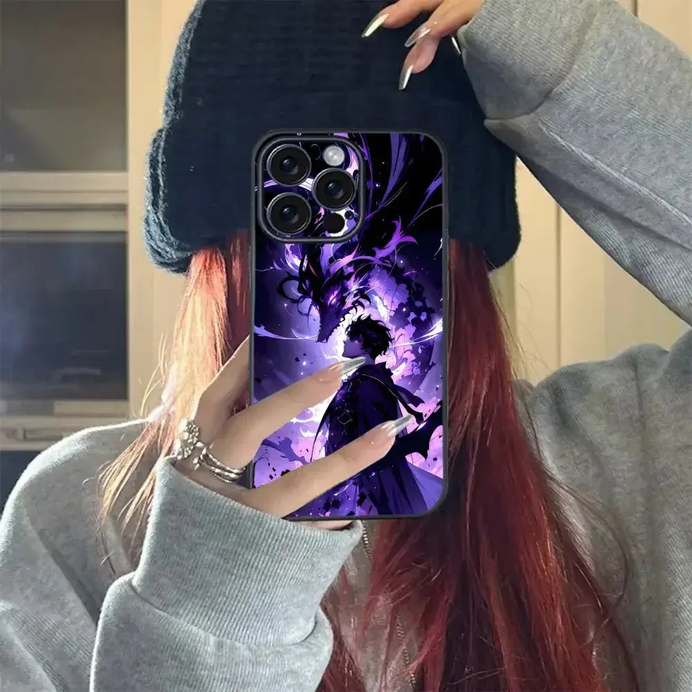 A soft TPU Solo Leveling Phone Case featuring Sung Jinwoo anime art, compatible with Apple iPhone 16, 15, and 14 Pro Max.