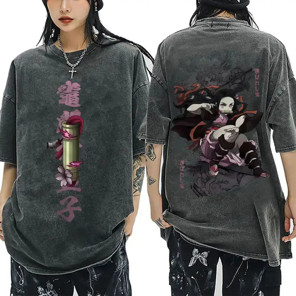 A vintage washed Demon Slayer Serpent Hashira Iguro Obanai T Shirt in a casual, oversized style for men and women.