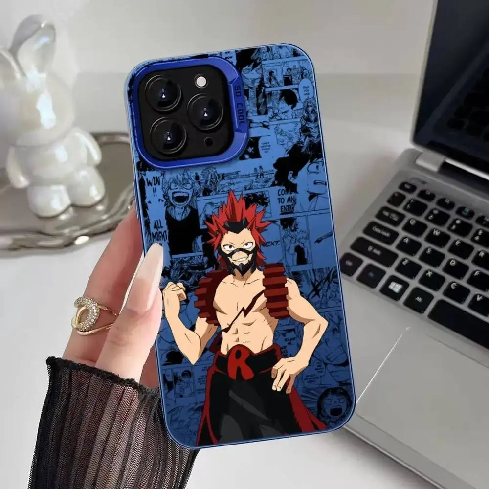 A shockproof Eijiro Kirishima Phone Case featuring a multicolor aurora laser finish and Red Riot anime art, compatible with Apple iPhone 16, 15, and 14 Pro Max.