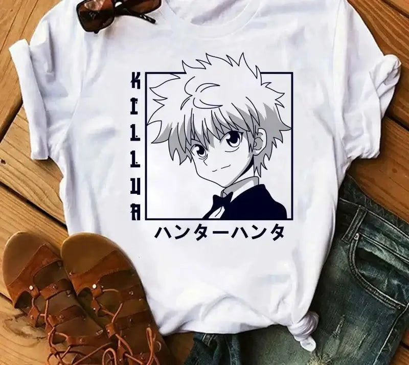 A woman wearing the casual vintage Japanese Anime Hunter X Hunter Graphic T Shirt.