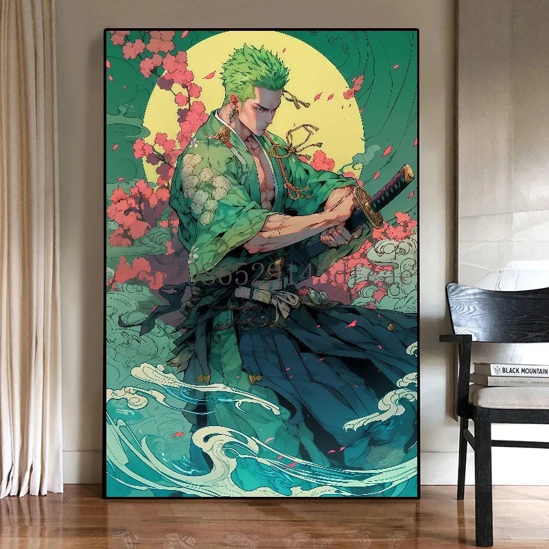 A high-quality One Piece Canvas Print featuring classic Japanese anime characters like Luffy, designed as unframed wall art for living room decoration.