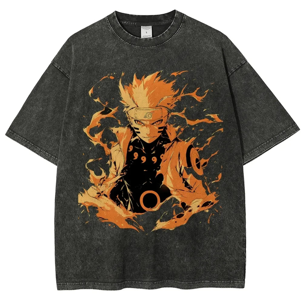 A vintage-style Naruto Washed T-Shirt made of premium distressed cotton, featuring a retro Japanese anime graphic for summer streetwear.