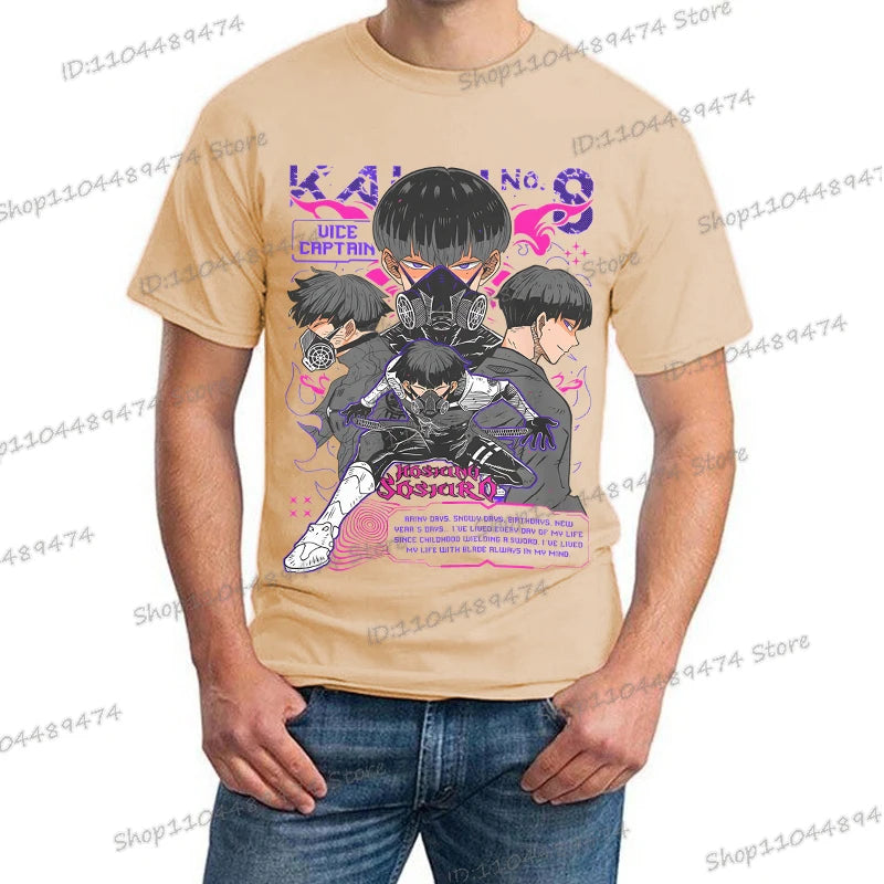 A trendy Y2K Anime Kaiju No 8 T-shirt with a creative Soshiro Hoshina print for men and women.