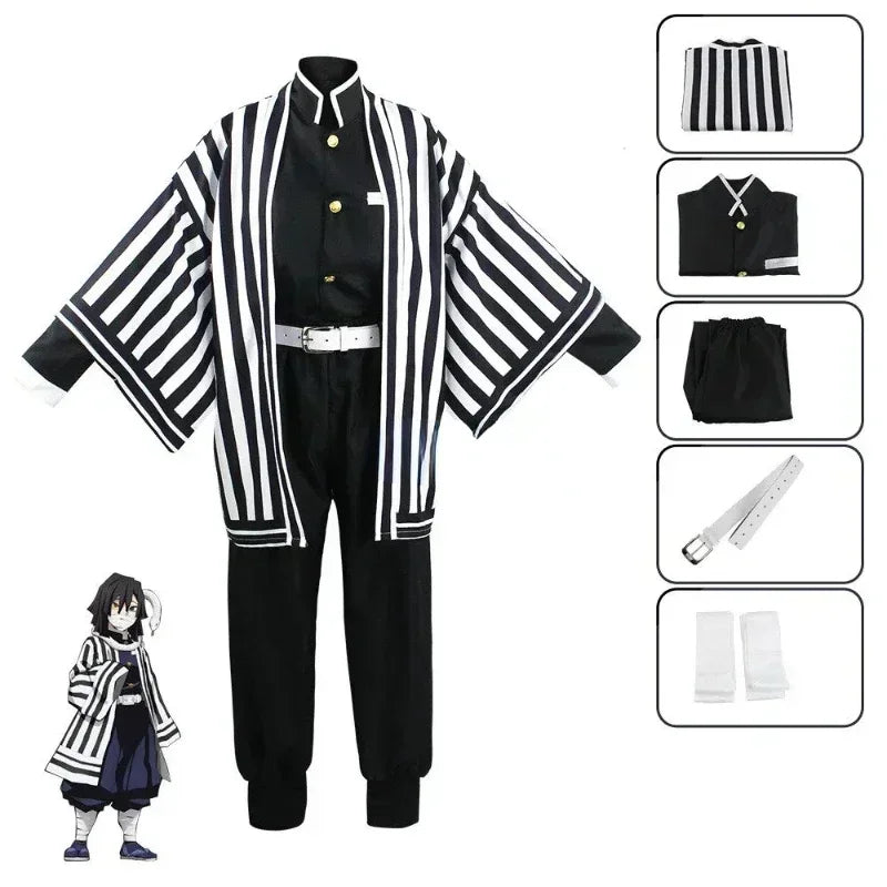 Iguro Obanai Cosplay Costume with striped kimono and pants for Serpent Hashira character.
