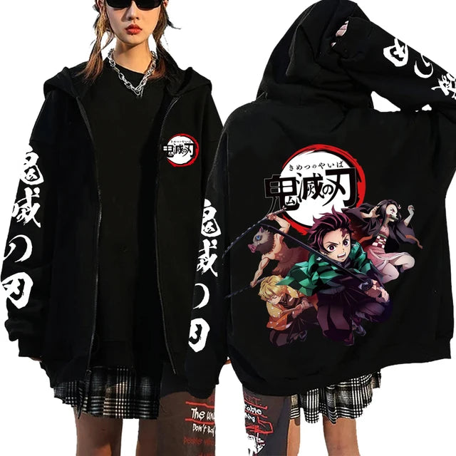 A Y2K style Demon Slayer Zip Up Hoodie featuring a Nezuko Kamado graphic, unisex hip hop streetwear for men and women.
