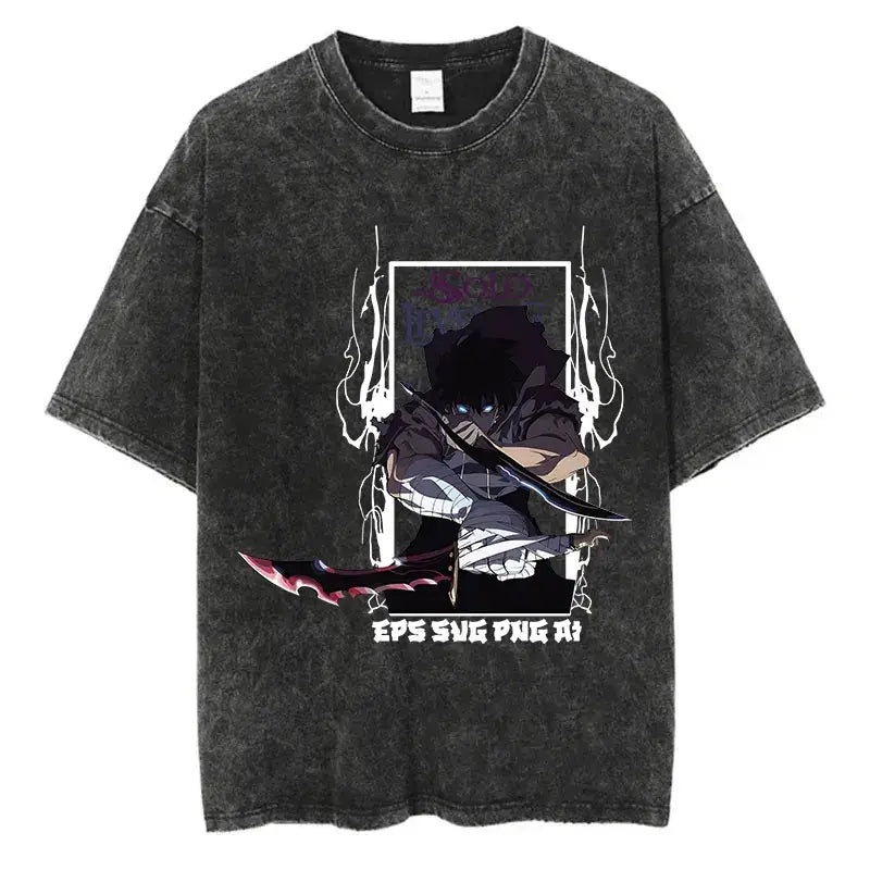 A trendy Solo Leveling Vintage T-shirt featuring a Sung Jinwoo graphic print, designed with a retro washed cotton finish for Harajuku streetwear.