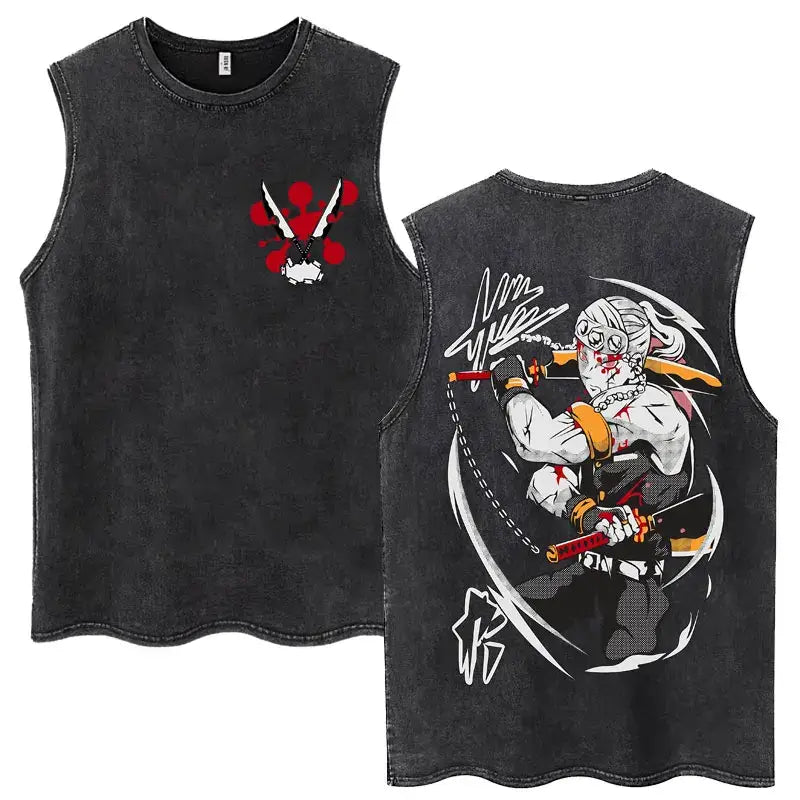 A washed retro Zenitsu Demon Slayer Tank Top featuring Agatsuma Zenitsu manga art, sleeveless cotton summer streetwear for men and women.