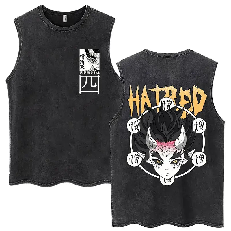 A washed retro Zenitsu Demon Slayer Tank Top featuring Agatsuma Zenitsu manga art, sleeveless cotton summer streetwear for men and women.