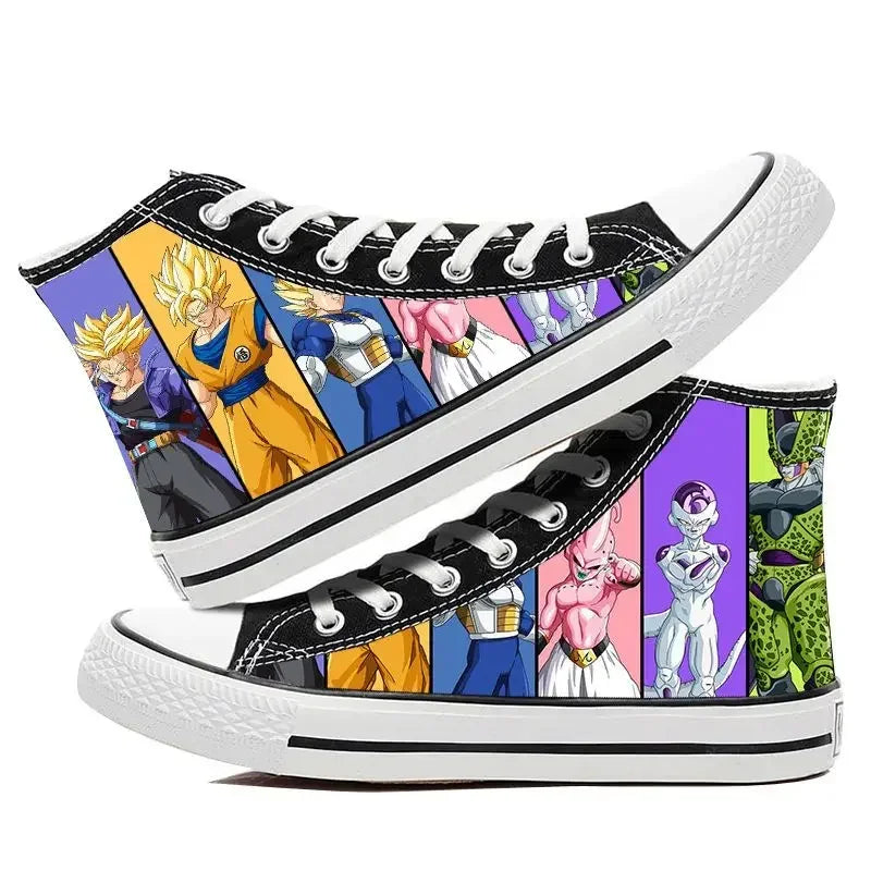 Trendy Dragon Ball High Top Canvas Shoes featuring Goku and Vegeta animation art, breathable flat sneakers for students and fans.