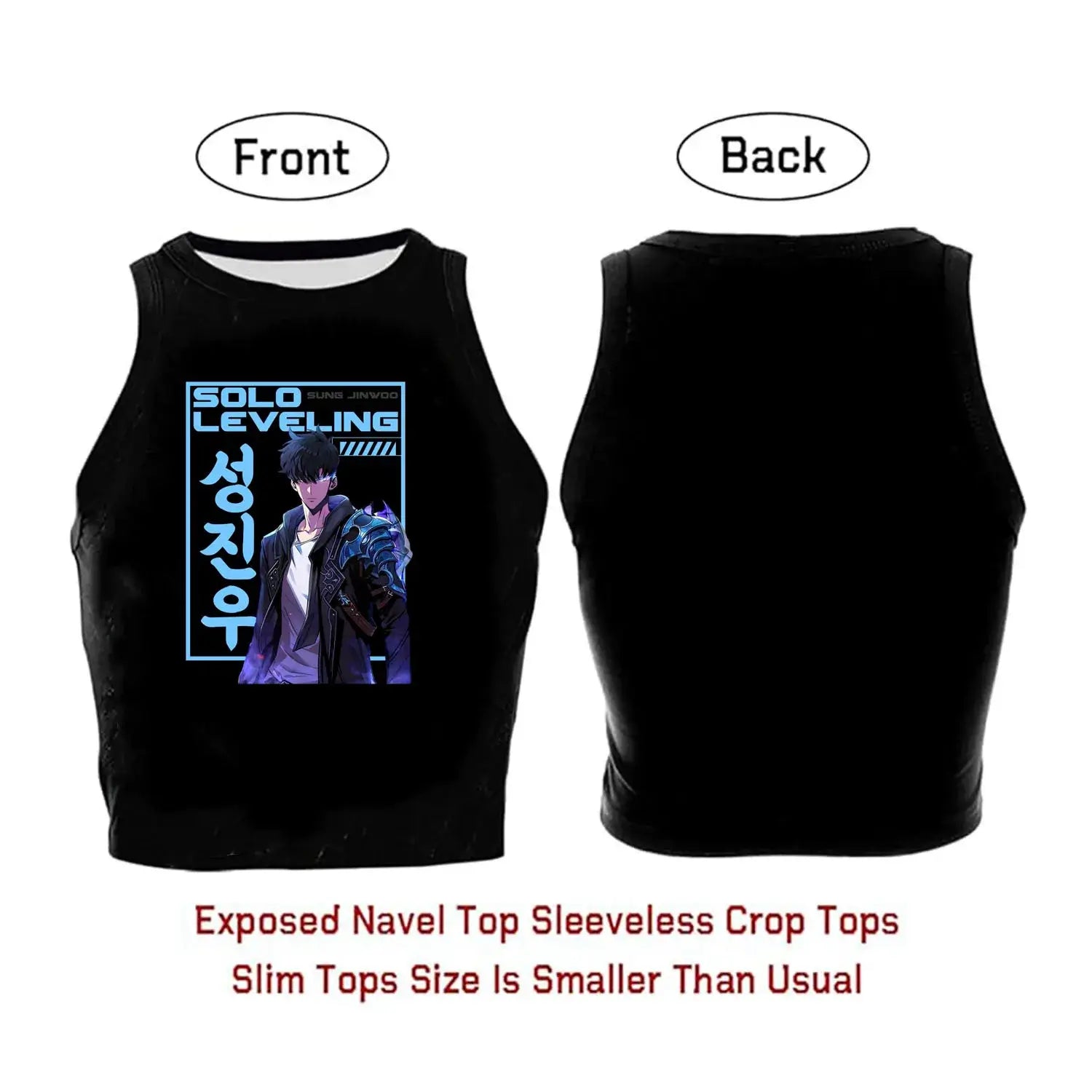 A woman wearing the Anime Sung Jin Woo Crop Top, a sleeveless Y2K Harajuku summer camisole from Solo Leveling.