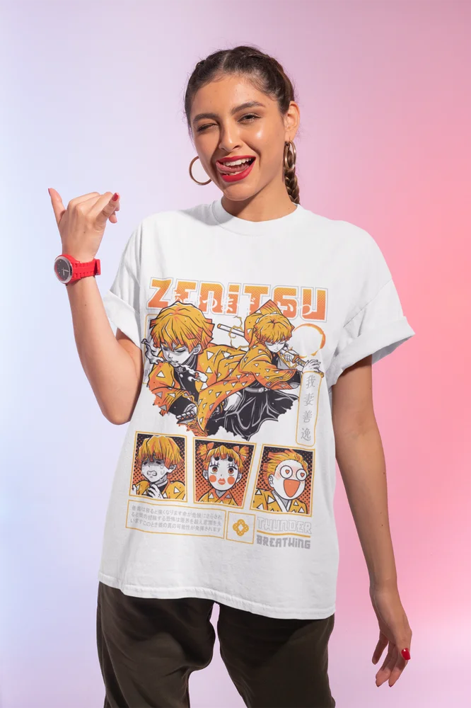 An Agatsuma Zenitsu T-Shirt from Demon Slayer, featuring a design perfect for a Halloween shirt or fan gift.