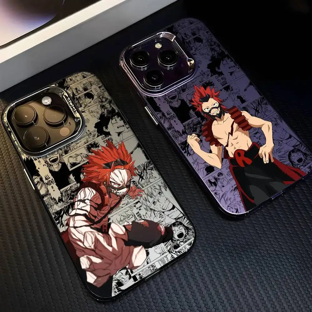 A shockproof Eijiro Kirishima Phone Case featuring a multicolor aurora laser finish and Red Riot anime art, compatible with Apple iPhone 16, 15, and 14 Pro Max.