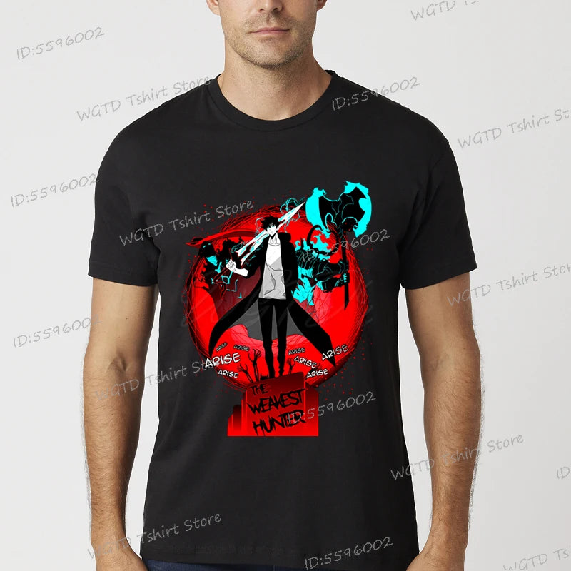 A vintage black Solo Leveling Anime T-Shirt featuring a funny Sung Jinwoo graphic print, available in sizes S to 4XL for men and women.