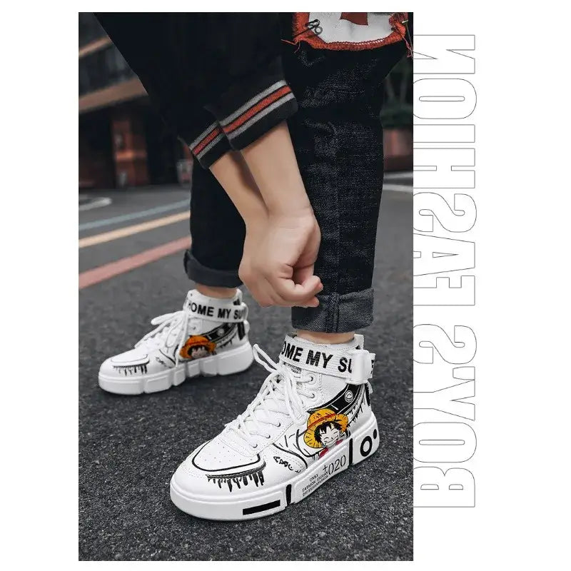A pair of Anime One Piece Luffy High Top Shoes featuring Roronoa Zoro, designed as breathable, non-slip leisure sports sneakers for men and women.